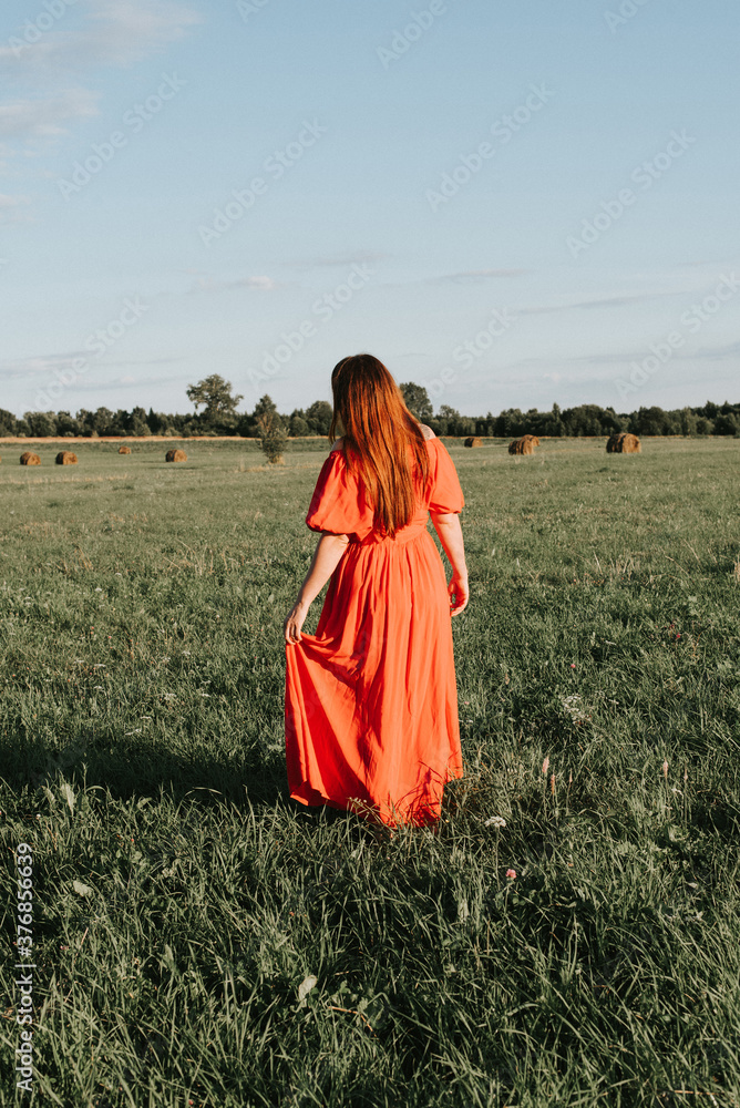 Obraz premium female model plus size in red dress on a field with haystacks, a beautiful young woman with brown hair, harvest concept