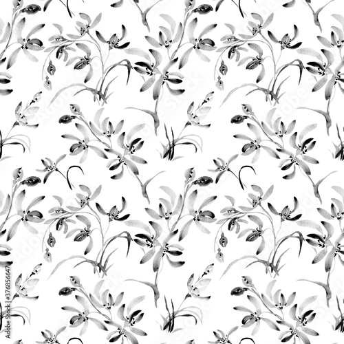 Ink illustration of blossom orchid and grass. Sumi-e, u-sin painting. Seamless pattern.