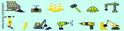 set of construction equipment icon with various models drill, auger and more vector illustration isolated on blue background