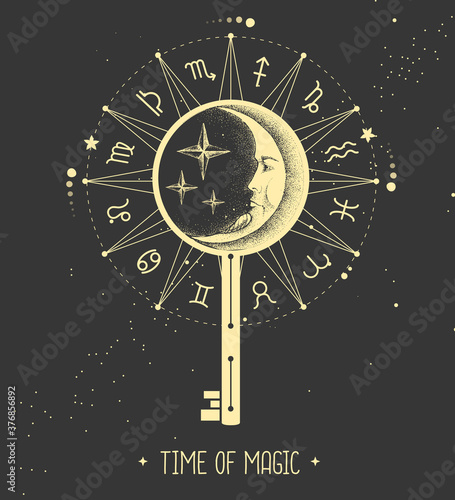 Modern magic witchcraft Astrology wheel with zodiac signs on space background. Magic key silhouette. Horoscope vector illustration