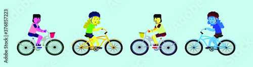 set of people riding bike cartoon icon design template with various models. vector illustration