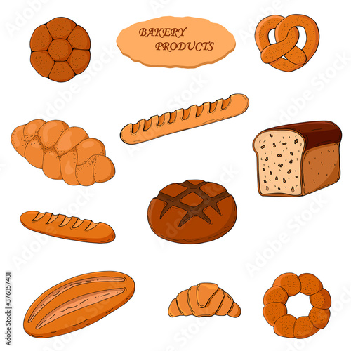 Set of bakery products.On white background.Hand drawing Vector illustration.