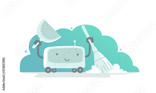 Robot vacuum cleaner character. Vector flat illustration. Tidy up cleaning. Smart house. Housekeeper cleanup. With broom and scoop.