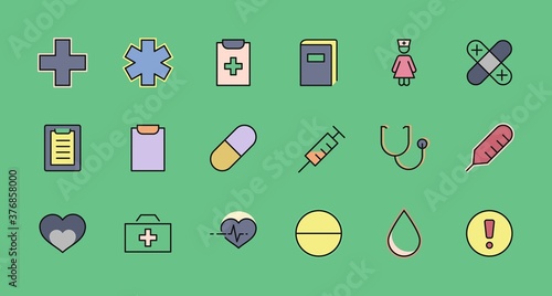 Set of Medicine vector line icons. It contains the first aid kit, nurse, syringe, thermometer, plastic, pills, heart, drop of blood, palpitation and much more. Editable Stroke. 32x32 pixels.