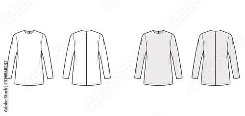 Cady tunic technical fashion illustration with crew neckline, long sleeves, oversized, back zip fastening, elongated hem. Flat apparel shirt template front back white grey color. Women, top CAD mockup photo