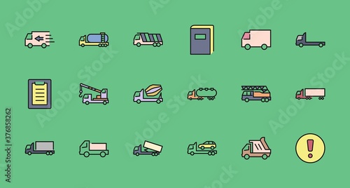 Truck Set of Transport Vector Line Icons. Contains such Icons as Truck, Transportation, Tow Truck, Cranes, Mixer, Garbage Truck, Manipulators, Delivery service and more. Editable Stroke. 32x32 Pixel