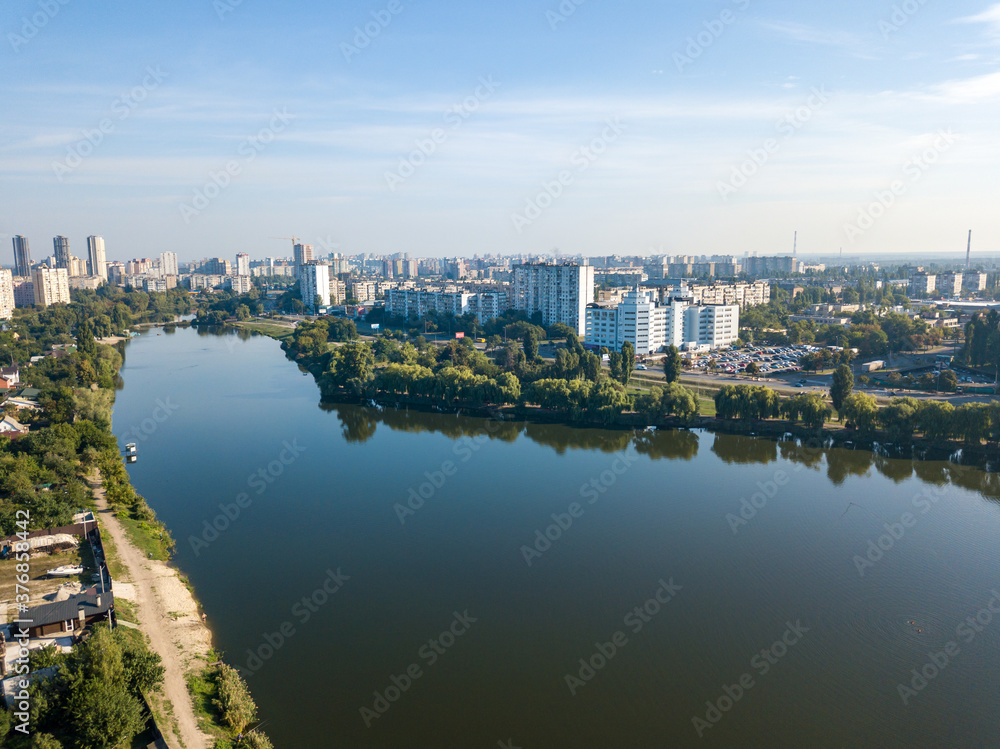 Naklejka premium Aerial drone view. City lake in Kiev.