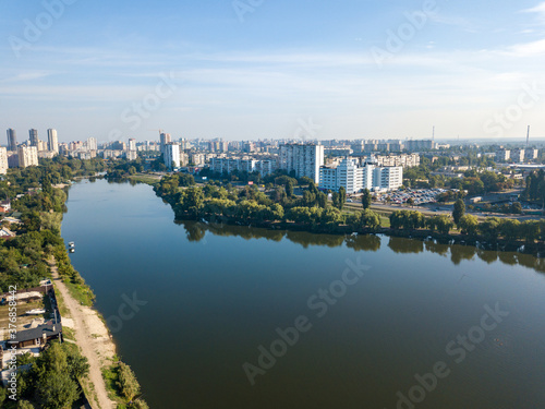 Aerial drone view. City lake in Kiev.