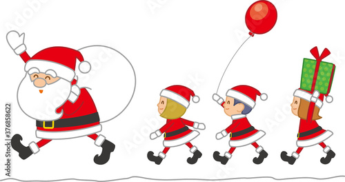 サンタクロースと一緒に歩いている子ども達のイメージイラスト