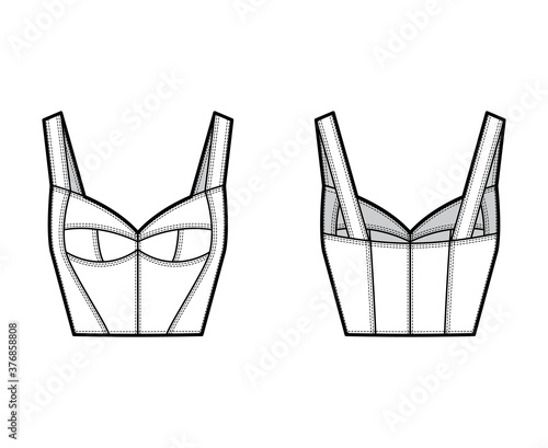 Bustier top technical fashion illustration with corset-style silhouette, molded cups, close fit, back zip fastening. Flat apparel template front, back, white color. Women men unisex shirt CAD mockup