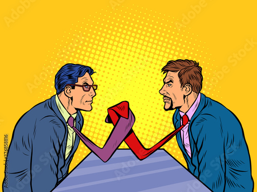 Businessmen arm wrestling. Ties instead of hands. Competition concept