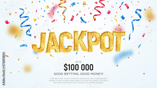 Jackpot golden word on falling down confetti background. Winning vector illustration. Advertising of prize in gamble games on white background