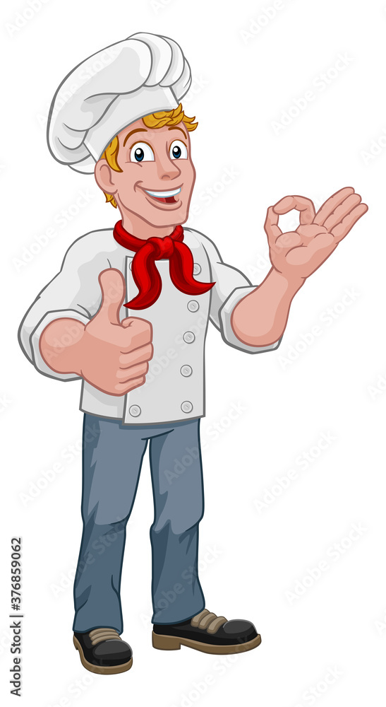 A chef cook or baker man cartoon character giving a thumbs up and perfect okay chefs hand sign A chef cook or baker man cartoon character giving a thumbs up and perfect okay chefs hand sign