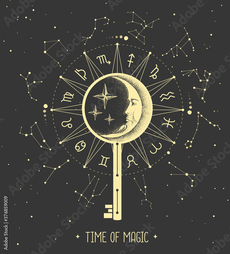 Modern magic witchcraft Astrology wheel with zodiac signs on space background. Magic key silhouette. Horoscope vector illustration