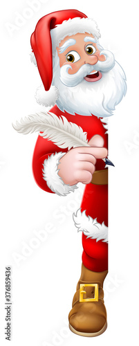 Santa Claus cartoon character peeking around a sign holding a quill pen. Christmas gift, naughty and nice list or letter to Santa concept.