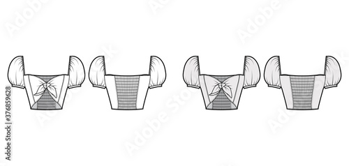 Tie-front cropped top technical fashion illustration with bow-detailed front, short puffy blouson sleeves, elasticated back and shoulders. Flat template white, grey color. Women, men unisex CAD mockup