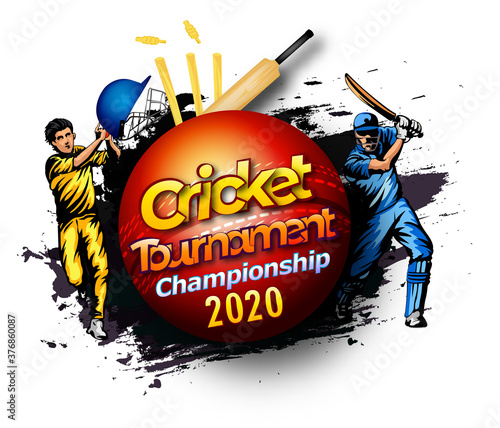 vector Illustration of cricket player ,Creative poster or banner design with background for Cricket Championship poster with illustration of batsman and bowler playing cricket championship 