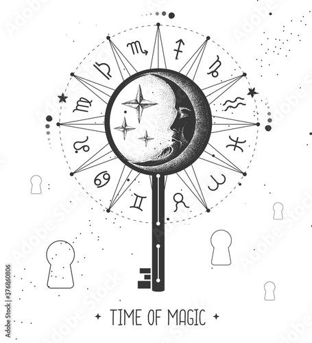 Modern magic witchcraft Astrology wheel with zodiac signs on space background. Magic key silhouette. Horoscope vector illustration