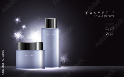 cosmetic product poster, bottle package design with collagen and moisturizer cream or liquid, sparkling background with glitter polka, vector design.