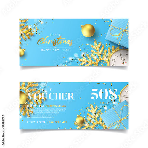 Gift voucher for Christmas sale. Vector illustration with realistic blue gift boxes, garlands, wall clock, Christmas balls, snowflakes and confetti. Discount coupon usable for invitation or ticket.