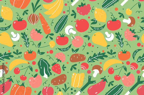 Fruits seamless pattern set. Hand drawn doodle fruits and berries vegan nutrition or vegetarian meal menu watermelon mango banana and strawberry. Tropical juice products illustration.