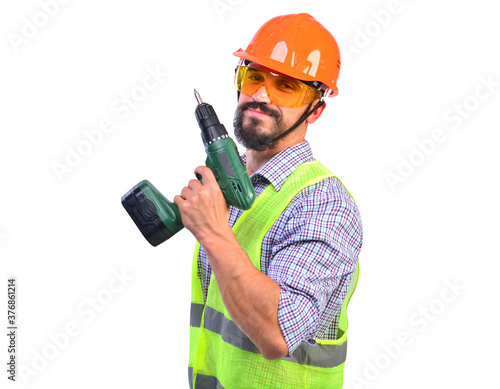 Strong construction worker in protetive helmet and glasses with a screwdriver. Isolated on white. photo