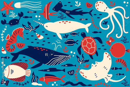 Marine life doodle set. Collection of hand drawn templates patterns of different sea and ocean fish sharks turtles octopus oyster. Animals in wildlife enviroment nature illustration.