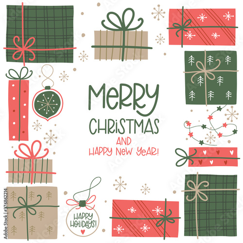 Vector christmas template with gifts. Merry сhristmas and New Year Winter time. Vector illustration. 