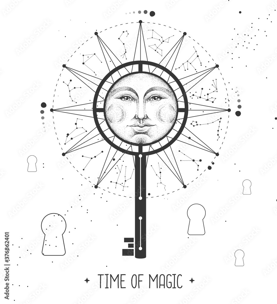 Obraz premium Modern magic witchcraft Astrology wheel with zodiac signs on space background. Magic key silhouette. Horoscope vector illustration