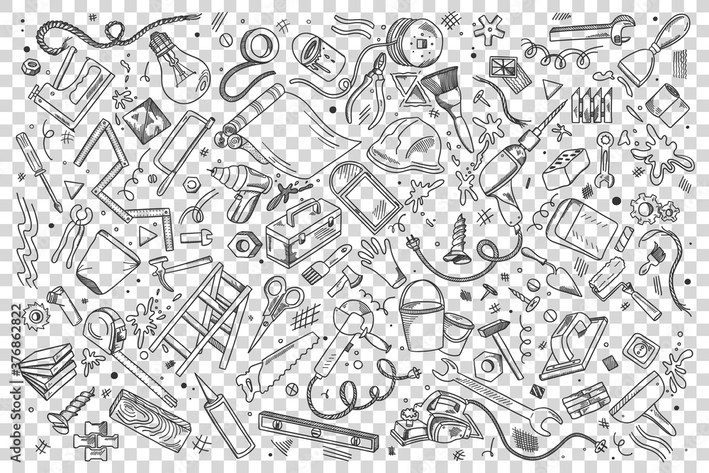 Repairs doodle set. Collection of hand drawn patterns sketches templates of working tools and instruments screwdriver drill spanner on transparent background. Maintenance equipment illustration.