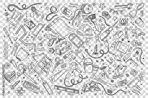 Repairs doodle set. Collection of hand drawn patterns sketches templates of working tools and instruments screwdriver drill spanner on transparent background. Maintenance equipment illustration.