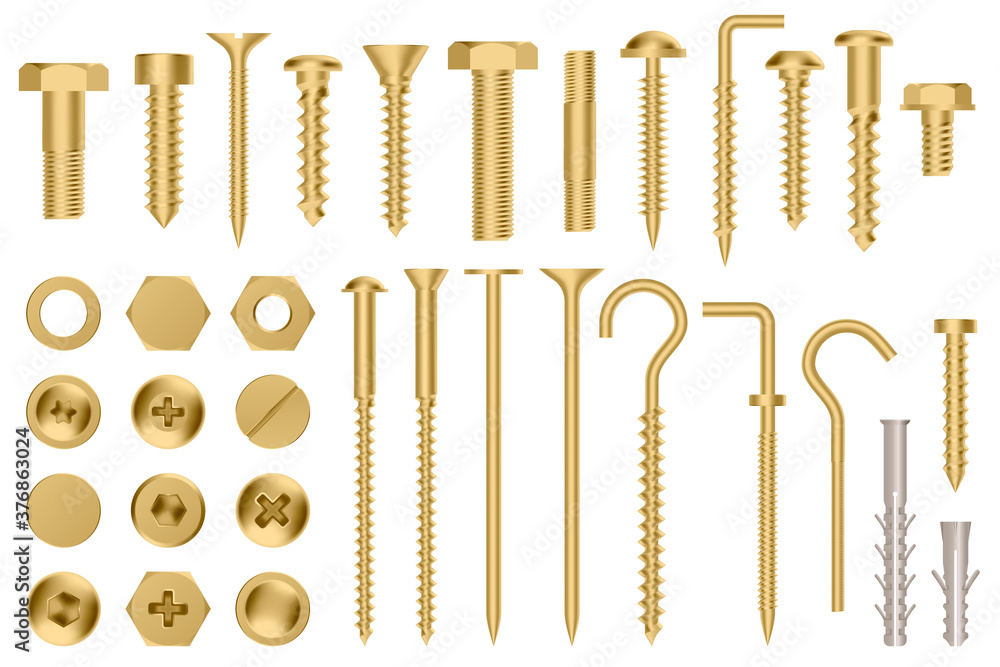 Realistic golden hardware. Construction gold metal hex cap nuts, 3d metal fixation gear, stainless screws and bolts vector illustration icons set. Eye hook, head fastener, metal rivet Realistic golden hardware. Construction gold metal hex cap nuts, 3d metal fixation gear, stainless screws and bolts vector illustration icons set. Eye hook, head fastener, metal rivet