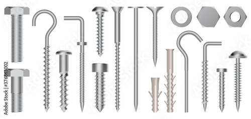 Realistic 3d screws and bolts. Hardware stainless screws, bolts, screw, nuts and eye hooks, metal fixation gear isolated vector illustration set. Construction fasteners, hex cap nuts and twinfasts