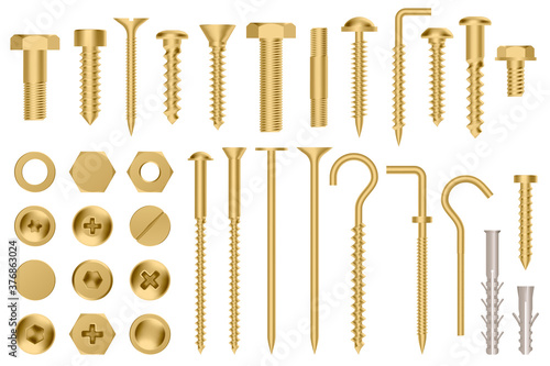 Realistic golden hardware. Construction gold metal hex cap nuts, 3d metal fixation gear, stainless screws and bolts vector illustration icons set. Eye hook, head fastener, metal rivet