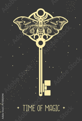 Modern magic witchcraft card with key sign on space background. Vector illustration