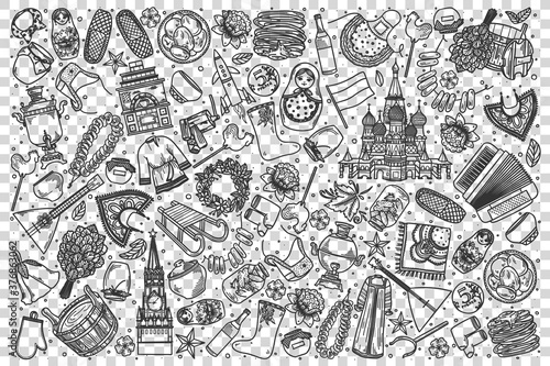 Russia doodle set. Collection of hand drawn sketches templates of russian culture architecture and national cuisine on transparent background. Slavic country tratidions illustration.