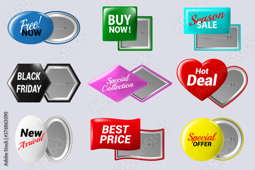 Realistic sale badges buttons. Special offer button badge, glossy colorful metal circle label isolated vector isolated icons set as special collection, hot deal, black friday and new arrival