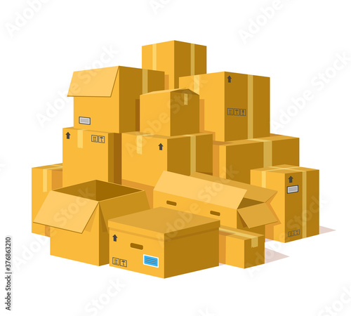 Cardboard boxes pile. Storage delivery cardboard boxes stack, pile of postal parcel package, carton sealed boxes vector illustration. Open and closed parcel with adhesive tape for shipping, relocation