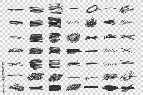 Scribble doodle set. Collection of hand drawn ink cahlk brush lines daubs templates patterns on transparent background. Pen pencil ink smearing sketches illustration.