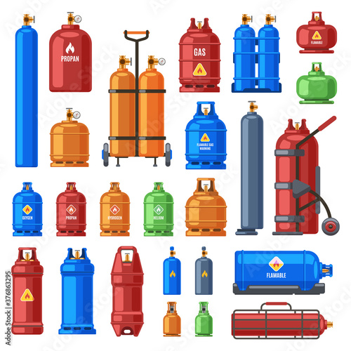 Gas cylinders. Propane, oxygen and butane metal containers, cylindrical helium tank, fuel storage gas bottle vector illustration icons set. Compressed gases with high pressure in equipment