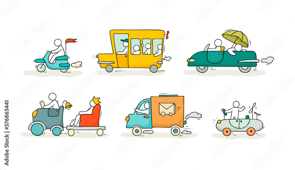 Naklejka premium Sketch set with cute cars and people