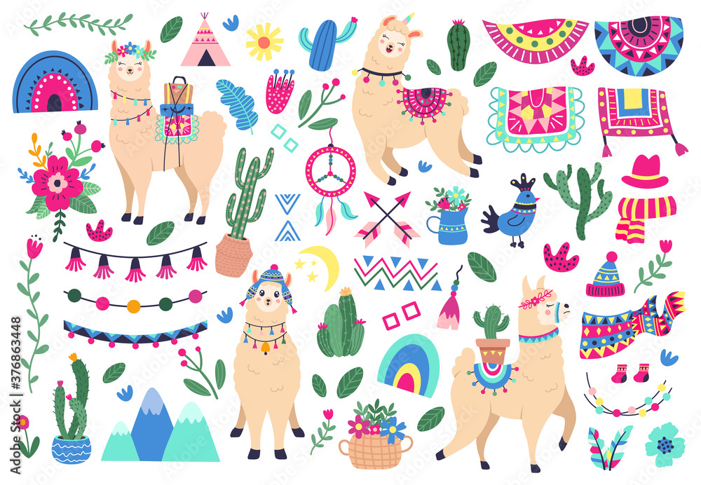 Fototapeta premium Meksykańskie słodkie lamy. Zwierzęta dzikie zwierzęta lamy i alpaki peruwiańskiej, zabawne postacie lamy i symbole etniczne Peru wektor zestaw ikon ilustracji. Sukulenty z kwiatami, górami i tęczą