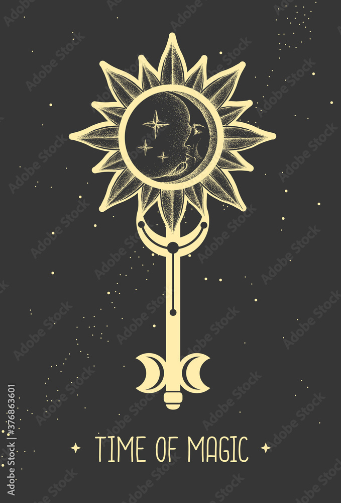 Modern magic witchcraft card with key sign on space background. Vector illustration Modern magic witchcraft card with key sign on space background. Vector illustration