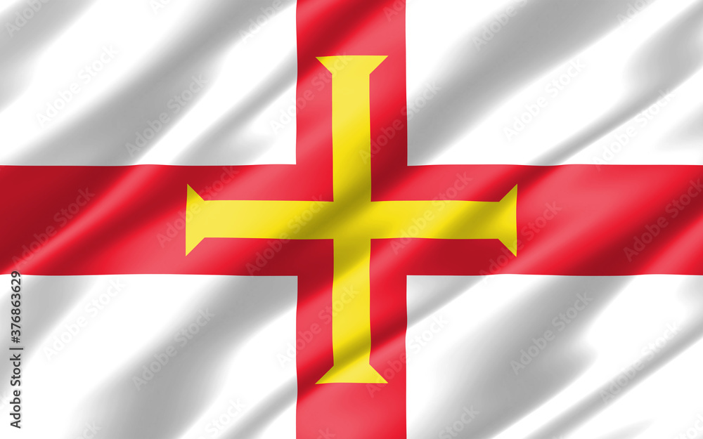 Fototapeta premium Silk wavy flag of Guernsey graphic. Wavy Guernesiais flag illustration. Rippled Guernsey country flag is a symbol of freedom, patriotism and independence.