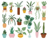 Home potted plants. Houseplants in plant pots, flower potted plant, green leaves interior decoration isolated vector illustration icons set. Ceramic containers and vase with aloe, cactus