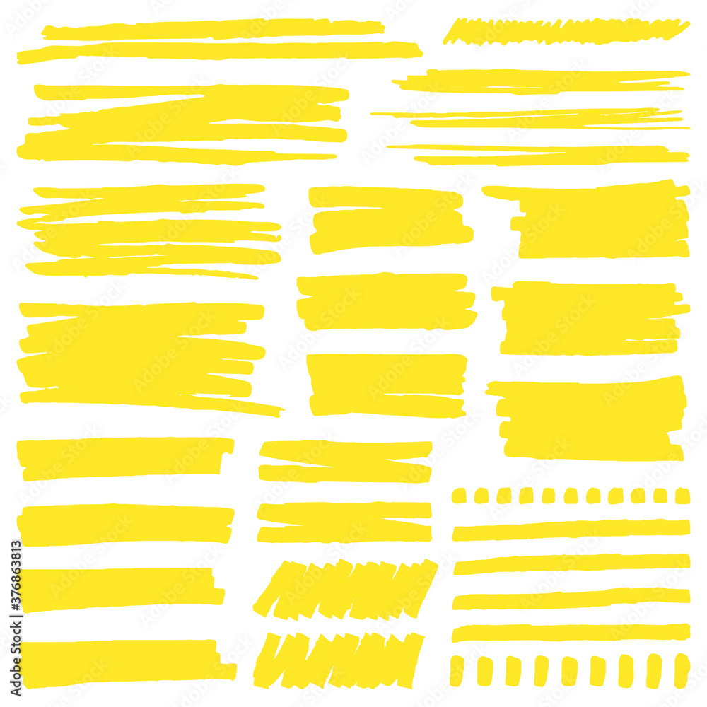 Yellow marker stroke. Highlight marker stroke lines, bright permanent marker sketch, doodle highlight marker lines vector illustration signs set. Scratch bright brushes, dotted line - obrazy, fototapety, plakaty 