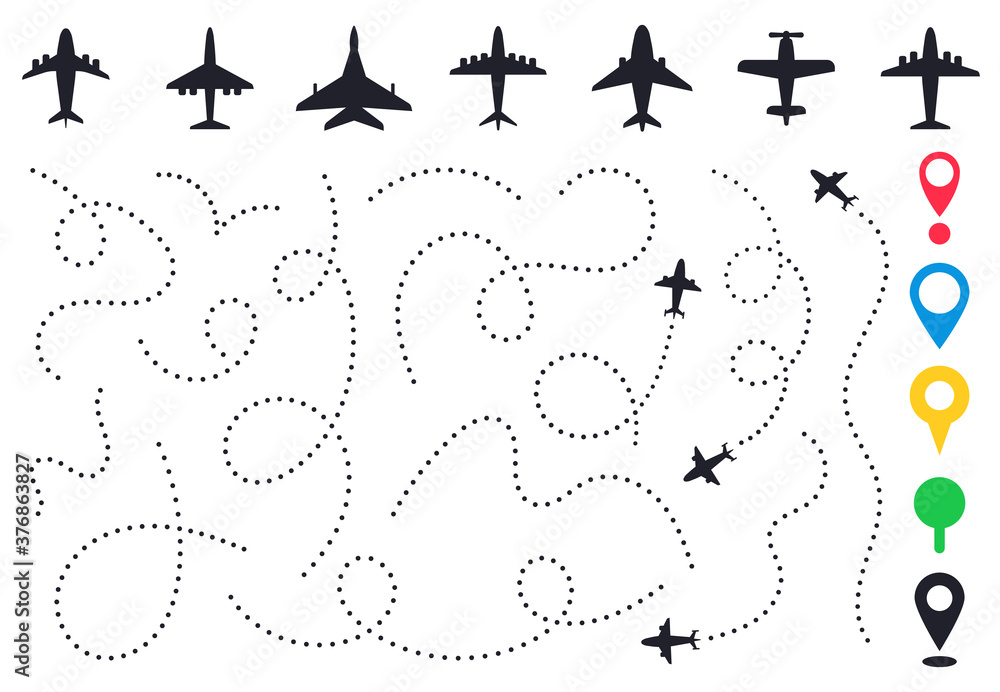 Plane route line. Planes dotted flight pathway, travel destination airplane track, planes and traveling routes vector illustration icons set. Dashed trace or line trail, map pins for location