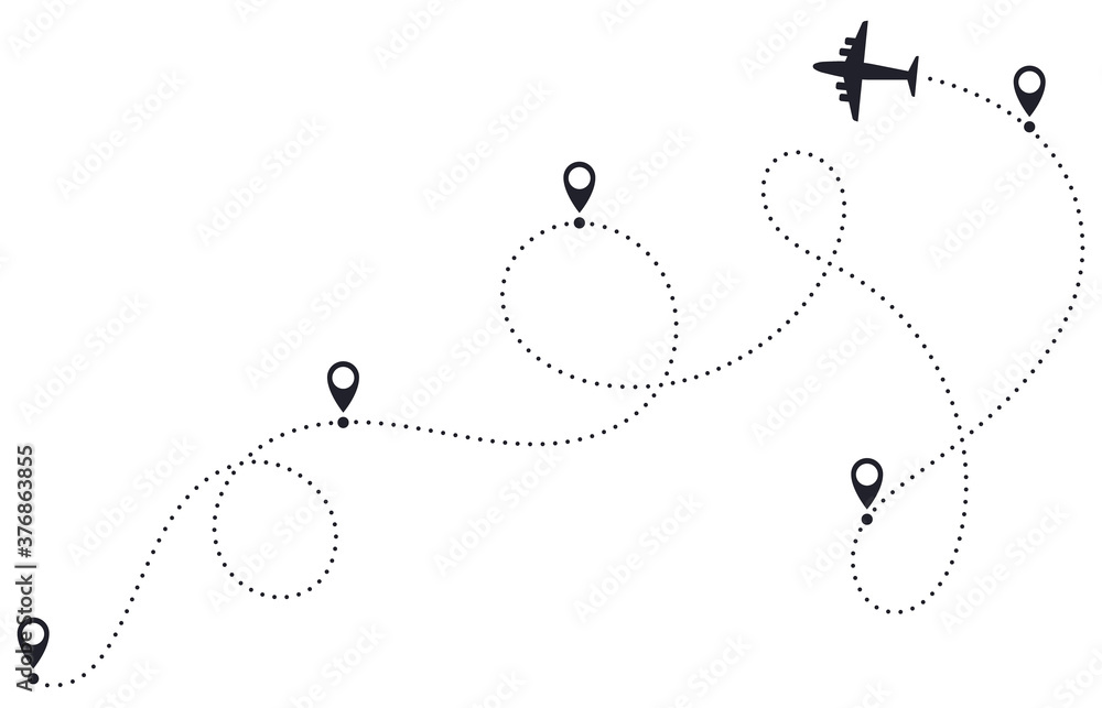 Airplane route line. Plane dotted route, airplane destination track, plane traveling destination pathway, plane travel map vector illustration. Location points with dashed itinerary