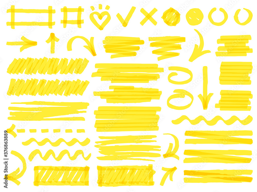 Hand drawn marker strokes. Yellow marker stroke lines, markers stripes and highlight elements, permanent marker signs vector illustration set as check marks, heart, arrow with various direction - obrazy, fototapety, plakaty 