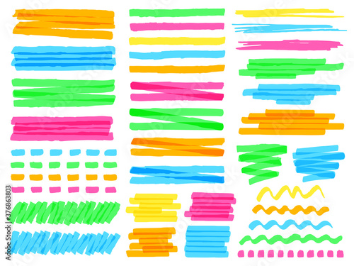Highlight marker lines. Colorful doodle highlight marker lines, yellow markers stripes, pink line highlight marker sketch vector illustration set. Wavy, curly or dotted green and blue stripes photo